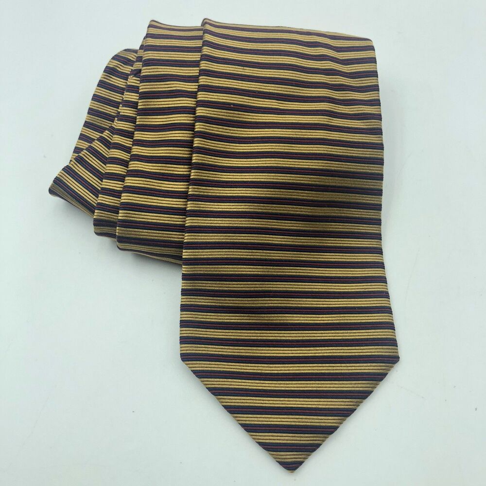 BROOKS BROTHERS Makers 100% Silk Necktie USA Designer Striped Gold Blue Red